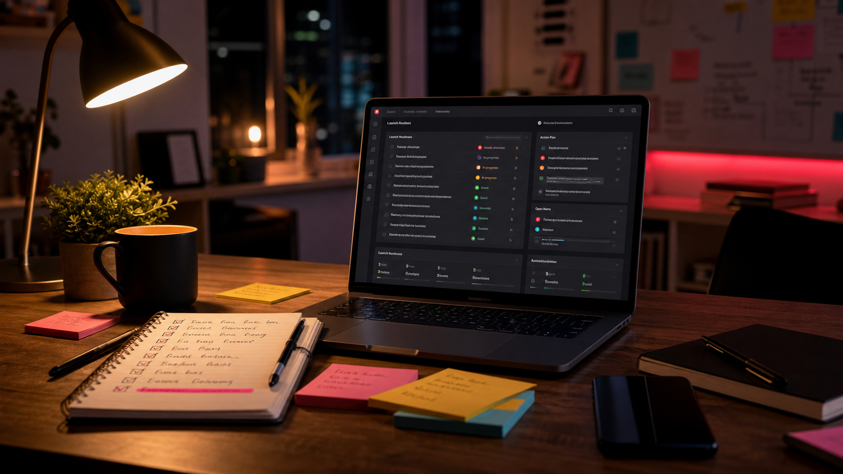 Illustrative desk for reviewing tasks and next steps.