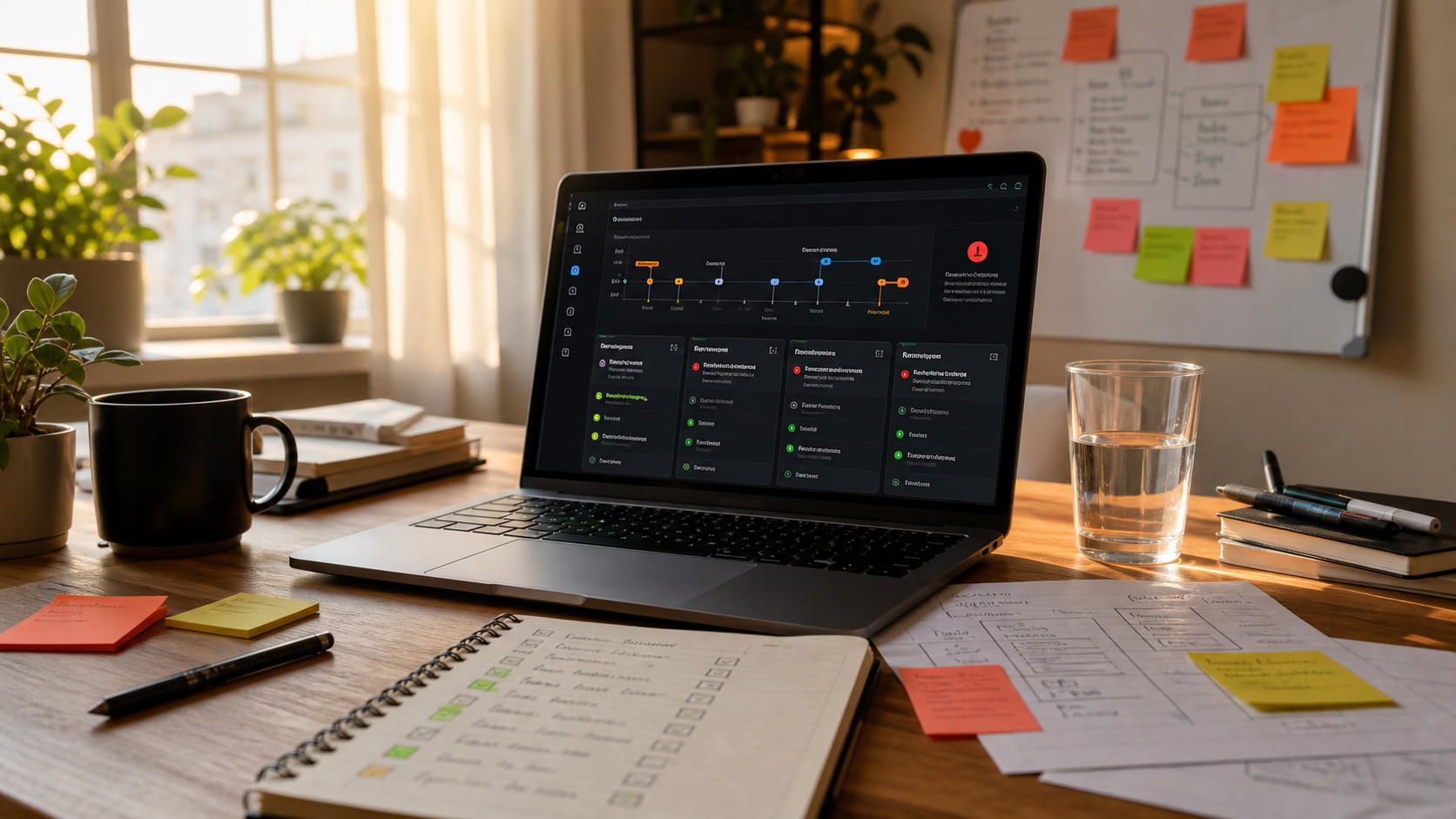 Illustrative founder desk for planning a launch, with a laptop and checklist.