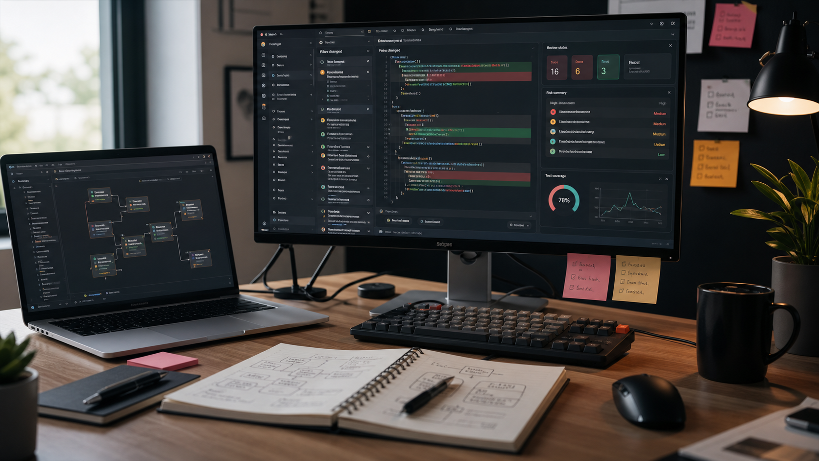 Illustrative developer desk with code and project notes.